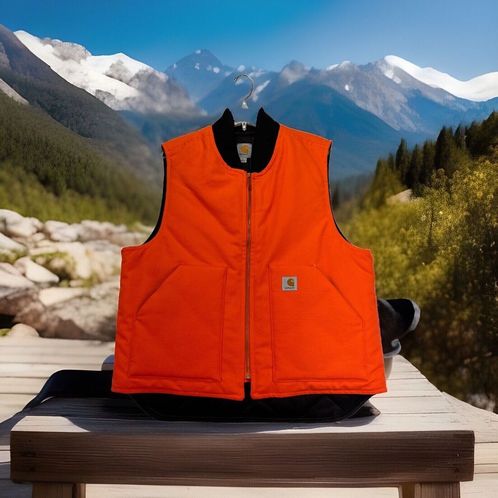 VTG Carhartt Vest Mens L Orange Quilted Lining Heavy Hunting Insulated VO1 BLZ